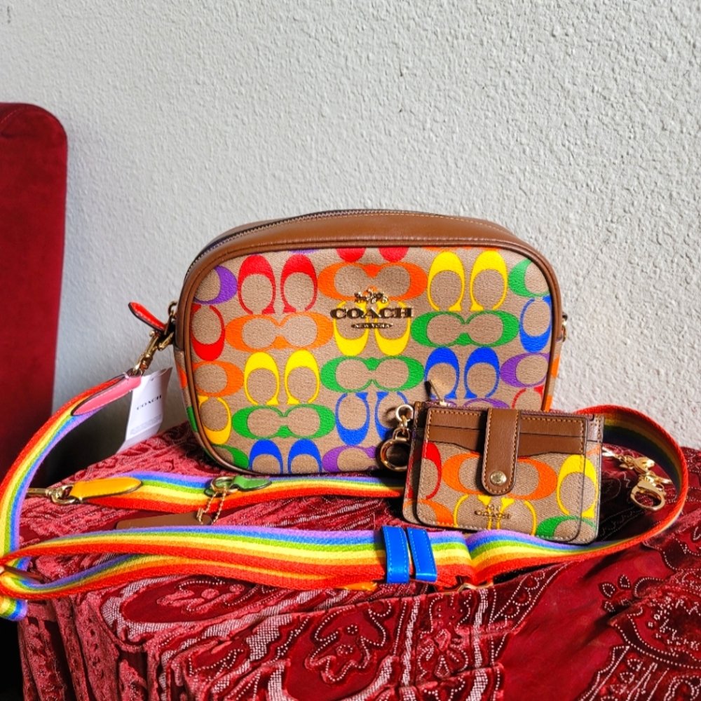 Coach Rainbow Pride camera bag with matching card case